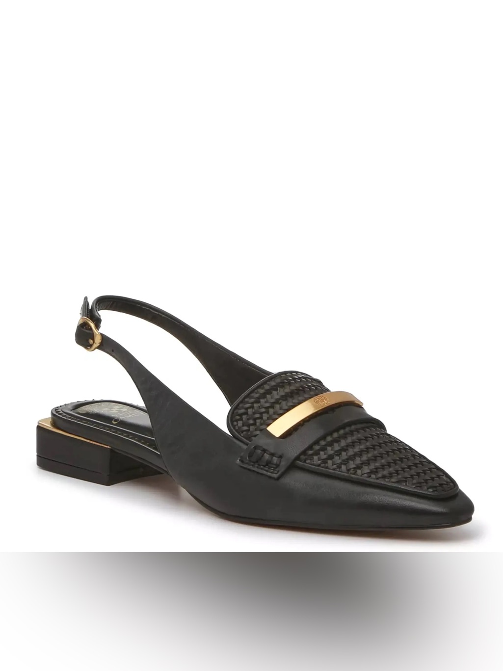 Vince Camuto Black Woven Pointed Slingback Flats With Gold Bar